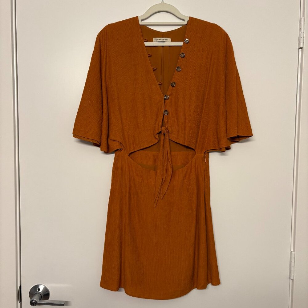 The East Order Boho Rust Orange Cutout Midi Dress With Flutter Sleeves Tie Waist